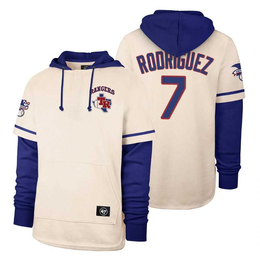 Men Texas Rangers 7 Rodriguez Cream 2021 Pullover Hoodie MLB Jersey